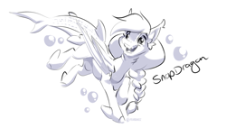 Size: 1647x937 | Tagged: safe, artist:kez, oc, oc only, oc:snapdragon, bat pony, original species, shark, shark pony, bat pony oc, bat wings, bubble, cute, ear fluff, female, fins, hooves, ponytail, sharp teeth, smiling, solo, teeth, wings