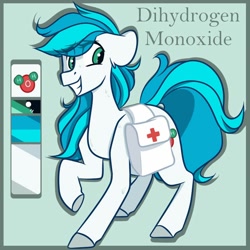 Size: 1024x1024 | Tagged: safe, artist:crimmharmony, oc, oc only, oc:dihydrogen monoxide, earth pony, pony, colored hooves, eye clipping through hair, grin, raised hoof, reference sheet, saddle bag, smiling, solo