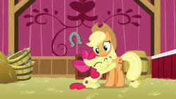 Size: 1920x1080 | Tagged: safe, derpibooru import, screencap, apple bloom, applejack, earth pony, pony, going to seed, adorabloom, bucket, cute, female, filly, hug, mare, siblings, sisterly love, sisters, smiling