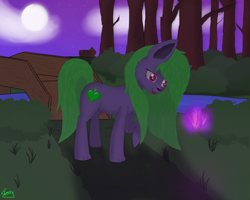 Size: 7500x6000 | Tagged: safe, artist:graphictoxin, oc, oc only, oc:graphic toxin, fox, fox pony, hybrid, pony, absurd resolution, bridge, bush, cloud, crystal, cute, fangs, forest, grass, house, male, moon, night, open mouth, paws, river, smiling, solo, tree, wide eyes