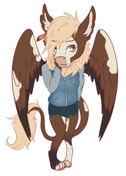 Size: 1609x2242 | Tagged: safe, artist:coffeevixxen, oc, oc only, oc:gilded feather, anthro, digitigrade anthro, griffon, hybrid, clothes, male, simple background, solo, transparent background