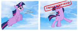 Size: 1029x415 | Tagged: safe, twilight sparkle, twilight sparkle (alicorn), unicorn twilight, alicorn, pony, unicorn, 2 panel comic, comic, flying, solo, vulgar