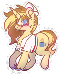 Size: 1721x2165 | Tagged: safe, artist:mcwolfity, oc, oc only, pony, unicorn, blushing, coffee, cup, donut, food, hat, horn, mug, simple background, smiling, transparent background, unicorn oc, unshorn fetlocks, waiter