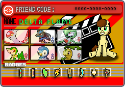 Size: 245x171 | Tagged: safe, artist:theironheart, oc, oc:delta flame, earth pony, pony, badge, bayleef, card, crossover, female, gardevoir, grin, latias, lucario, male, piplup, pixel art, pokémon, sitting, smiling, snivy, underhoof