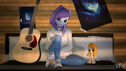 Size: 4096x2304 | Tagged: safe, artist:sleepysfm, artist:thatchersfm, pear butter, oc, oc:ezra, oc:ezra starfield, anthro, 3d, circle game, guitar, musical instrument, plushie, poster, source filmmaker, starset