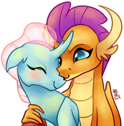 Size: 686x700 | Tagged: safe, artist:vampireselene13, ocellus, smolder, changedling, changeling, dragon, blushing, cute, diaocelles, dragoness, eyes closed, female, interspecies, lesbian, obtrusive watermark, shipping, smolcellus, smolderbetes, watermark