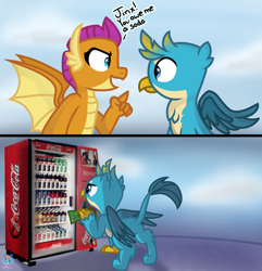 Size: 1924x2000 | Tagged: safe, artist:rainbow eevee, gallus, smolder, dragon, griffon, atg 2019, beak, butt, cash, cloud, cloudy, coca-cola, comic, cute, dialogue, dollar, dollar sign, dragoness, drink, duo, female, gallabetes, gallass, gallus is not amused, irl, male, money, newbie artist training grounds, open mouth, photo, pointing, regular show, simple background, smolderbetes, soda, spread wings, talking, vending machine, wings