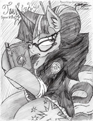 Size: 739x960 | Tagged: safe, artist:petanoprime, twilight sparkle, unicorn twilight, pony, unicorn, alternate hairstyle, blush sticker, blushing, book, clothes, female, glasses, grayscale, hair bun, hairpin, hoodie, mare, monochrome, signature, solo, traditional art