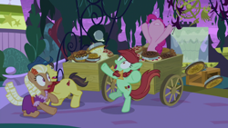 Size: 1920x1080 | Tagged: safe, screencap, candy apples, pinkie pie, earth pony, pony, the summer sun setback, apple family member, cart, food, pie