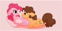 Size: 1920x960 | Tagged: safe, artist:little-sketches, cheese sandwich, pinkie pie, earth pony, pony, belly, cheesepie, daddy cheese, female, floppy ears, implied li'l cheese, looking at each other, male, mama pinkie, mare, on back, preggy pie, pregnant, prone, shipping, smiling, stallion, straight