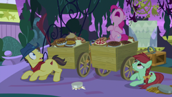 Size: 1920x1080 | Tagged: safe, screencap, candy apples, pinkie pie, earth pony, pony, the summer sun setback, apple family member, cart, food, pie