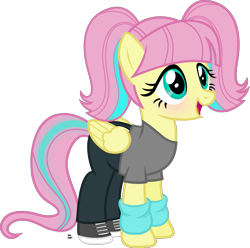 Size: 1653x1637 | Tagged: safe, artist:anime-equestria, fluttershy, pegasus, pony, 80s, alternate hairstyle, blushing, clothes, cute, female, glowing mane, happy, leg warmers, open mouth, pigtails, shirt, shoes, shyabetes, simple background, sneakers, solo, transparent background, vector, wings