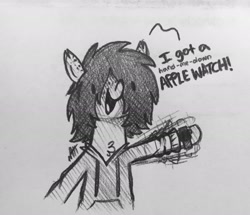Size: 2048x1758 | Tagged: safe, artist:modocrisma, oc, oc only, oc:sobakasu, earth pony, pony, accessories, apple (company), chest fluff, clothes, ear fluff, eye clipping through hair, fluffy, freckles, hidden eyes, hoodie, male, monochrome, paper, pencil drawing, photo, ponysona, solo, teenager, traditional art, watch, watermark, waving