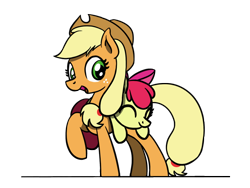 Size: 800x600 | Tagged: safe, artist:flutterluv, derpibooru import, apple bloom, applejack, earth pony, pony, adorabloom, apple, bow, cowboy hat, cute, eyes closed, female, filly, food, hair bow, hat, jackabetes, looking at you, mare, ponies riding ponies, riding, saddle bag, simple background, transparent background