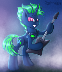 Size: 2250x2600 | Tagged: safe, artist:shad0w-galaxy, oc, oc only, pony, unicorn, commission, cutie mark, electric guitar, guitar, headphones, high res, male, musical instrument, rocker, solo