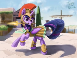 Size: 2048x1536 | Tagged: safe, artist:tinybenz, twilight sparkle, twilight sparkle (alicorn), alicorn, pony, scare master, armor, assassin's creed, athena sparkle, clothes, cosplay, costume, cute, female, greek helmet, helmet, mare, mouth hold, nightmare night costume, solo, spartan, spear, spear of leonidas, twiabetes, weapon