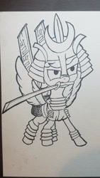 Size: 1280x2276 | Tagged: safe, artist:aeropegasus, oc, oc:chopsticks, pegasus, pony, angry, armor, black and white, boop bait, grayscale, korean, lineart, monochrome, samurai, sword, traditional art, weapon