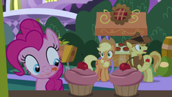 Size: 1920x1080 | Tagged: safe, screencap, applejack, braeburn, pinkie pie, earth pony, pony, the summer sun setback, :p, applejack's hat, barrel, canterlot, cherry, cowboy hat, cupcake, cute, diapinkes, food, hat, looking at something, messy, night, open mouth, pie, raised hoof, stand, this will end in weight gain, tongue out, under hoof