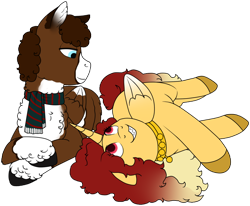 Size: 964x794 | Tagged: safe, artist:69beas, oc, oc only, oc:jessie feuer, oc:luke pineswood, alicorn, pegasus, pony, clothes, collar, colored hooves, digital art, duo, female, fluffy, folded wings, hoof fluff, looking at each other, lying down, male, mare, pinto, scarf, simple background, stallion, transparent background, wings