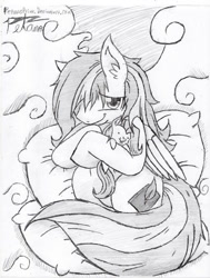 Size: 727x960 | Tagged: safe, artist:petanoprime, fluttershy, oc, oc only, oc:shy pony, pegasus, pony, cloud, ear fluff, grayscale, male, monochrome, on a cloud, pegasus oc, pillow, plushie, shy, signature, smiling, solo, stallion, text, tongue out, traditional art, wings