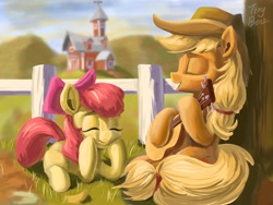 Size: 2048x1536 | Tagged: safe, artist:tinybenz, derpibooru import, apple bloom, applejack, earth pony, pony, duo, eyes closed, female, fence, filly, guitar, mare, profile, prone, siblings, sisters, smiling, sweet apple acres, tree, under the tree