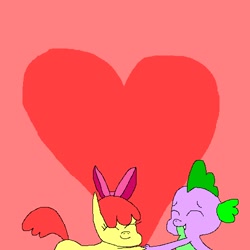 Size: 500x500 | Tagged: safe, artist:undeadponysoldier, apple bloom, spike, dragon, 1000 hours in ms paint, bow, could be better, cute, female, filly, heart, holding hands, holiday, male, pixel art, shipping, spikebloom, straight, valentine's day