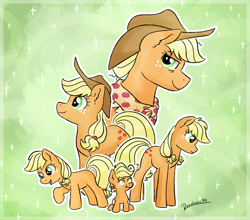 Size: 1366x1200 | Tagged: safe, artist:ruushiicz, derpibooru import, applejack, earth pony, pony, age progression, applejack day, clothes, cowboy hat, ear fluff, female, filly, foal, green background, green eyes, hat, jackletree, looking at you, mare, multeity, scarf, simple background, solo