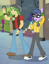 Size: 335x438 | Tagged: safe, screencap, blueberry cake, microchips, mystery mint, sandalwood, sweet leaf, equestria girls, equestria girls series, forgotten friendship, background human, clothes, converse, cropped, glasses, male, offscreen character, pants, shoes