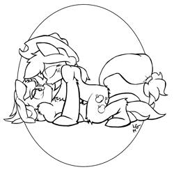 Size: 1760x1740 | Tagged: safe, artist:lucas_gaxiola, applejack, oc, earth pony, pony, canon x oc, chest fluff, eyes closed, female, freckles, hat, kissing, lineart, mare, monochrome, signature, simple background, white background, wide eyes