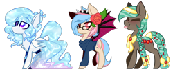Size: 3500x1500 | Tagged: safe, artist:mcwolfity, oc, oc only, bat pony, earth pony, pegasus, pony, :p, bat pony oc, blushing, bow, braid, chest fluff, clothes, earth pony oc, eyes closed, flower, flower in hair, glasses, hair bow, headband, pegasus oc, rose, simple background, starry wings, tail bow, tail wrap, tongue out, transparent background, wings