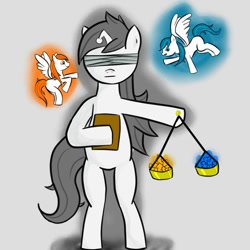 Size: 800x800 | Tagged: safe, artist:mermaidsoupbuttons, oc, oc only, oc:apathia, oc:discentia, oc:karma, pegasus, pony, unicorn, balance, balance scale, bipedal, downvote, female, mare, reddit, scales of justice, shoulder angel, shoulder devil, upvote