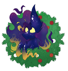 Size: 791x830 | Tagged: safe, artist:hunterthewastelander, oc, oc only, oc:dusk wind, pony, unicorn, bust, christmas wreath, commission, ear fluff, ethereal mane, horn, male, simple background, solo, spread wings, stallion, starry mane, transparent background, unicorn oc, white eyes, wings, wreath, ych result