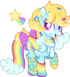 Size: 1165x1287 | Tagged: safe, artist:rainbow-disc, oc, oc only, oc:starbow, pegasus, pony, bow, clothes, coat markings, cute, ear piercing, earring, eyeshadow, female, hairpin, jewelry, makeup, mare, mismatched socks, multicolored hair, ocbetes, open mouth, piercing, rainbow hair, rainbow socks, raised hoof, raised leg, simple background, socks, solo, striped socks, tail bow, transparent background