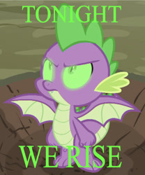 Size: 640x768 | Tagged: safe, edit, edited screencap, editor:undeadponysoldier, screencap, spike, dragon, molt down, badass, fist, glowing eyes, green eyes, male, rise, skillet (band), solo, song reference, spread wings, text, winged spike, wings, word art