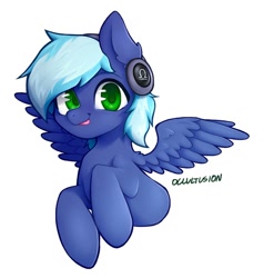 Size: 872x916 | Tagged: safe, artist:onionpwder, oc, oc:moonlight drop, pegasus, pony, blue coat, blue mane, cute, green eyes, headphones, simple background, solo, tongue out, white background, wings