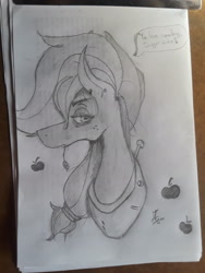 Size: 2448x3264 | Tagged: safe, artist:awesomedude14, applejack, earth pony, pony, monochrome, solo, text bubbles, traditional art