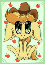 Size: 423x594 | Tagged: safe, artist:beamybutt, braeburn, earth pony, pony, braebetes, chibi, cute, floppy ears, hat, sitting, solo