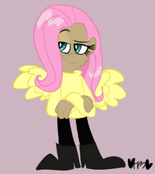 Size: 717x800 | Tagged: safe, artist:mirabuncupcakes15, fluttershy, human, boots, clothes, crossed arms, dark skin, female, humanized, pants, purple background, raised eyebrow, shoes, simple background, smiling, smirk, smug, solo, winged humanization, wings