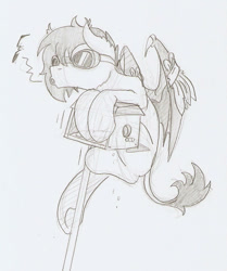 Size: 821x980 | Tagged: safe, artist:ravenpuff, oc, oc only, oc:puffy, bat pony, behaving like a bird, bird house, feather, female, goggles, mare, monochrome, solo, traditional art