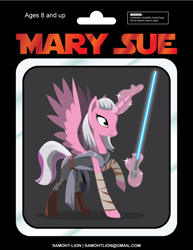 Size: 2550x3300 | Tagged: safe, artist:samoht-lion, oc, oc only, oc:mary sue, alicorn, alicorn oc, bandage, clothes, crossover, female, glowing horn, horn, lightsaber, magic, mare, raised hoof, solo, star wars, telekinesis, weapon