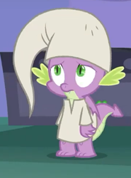 Size: 360x487 | Tagged: safe, screencap, spike, dragon, dragon dropped, claws, clothes, cropped, hat, male, nightcap, nightgown, pajamas, tail, winged spike, wings