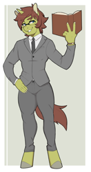 Size: 1218x2300 | Tagged: safe, artist:antelon, oc, oc only, oc:psy key, anthro, unguligrade anthro, unicorn, anthro oc, book, clothes, colored hooves, glasses, necktie, solo, suit, tuxedo