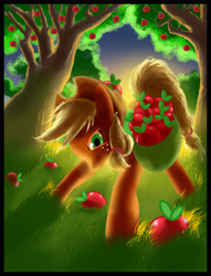 Size: 2142x2801 | Tagged: safe, artist:semajz, applejack, earth pony, pony, apple, apple tree, bag, food, grass, saddle bag, tree