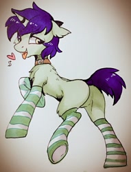 Size: 702x919 | Tagged: safe, artist:swaybat, oc, oc only, pony, unicorn, butt, chest fluff, clothes, collar, ear fluff, floppy ears, heart, horn, horn ring, leg fluff, plot, raised hoof, raised leg, socks, solo, striped socks, traditional art, underhoof