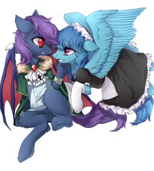 Size: 1154x1280 | Tagged: safe, artist:swaybat, oc, oc only, bat pony, pegasus, pony, bat pony oc, clothes, cross, duo, ear fluff, female, floppy ears, hoof on chin, jewelry, looking at each other, maid, maid headdress, mare, necklace, signature, simple background, slit eyes, socks, spread wings, white background, white socks, wing claws, wings