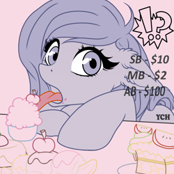 Size: 1300x1300 | Tagged: safe, artist:ynery, earth pony, pony, apple, banana, cake, cherry, commission, cute, food, open mouth, solo, tongue out, your character here