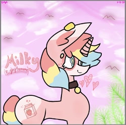 Size: 828x823 | Tagged: safe, artist:kittycatrittycat, oc, oc:milky (rigbythememe), bird, unicorn, coat markings, collar, cute, ear piercing, earring, female, glow, heart, jewelry, majestic, mare, multicolored hair, piercing, pink, plant, smiling, solo, strawberry milk