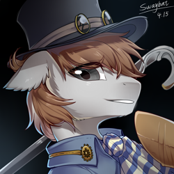 Size: 800x800 | Tagged: safe, artist:swaybat, oc, oc only, pony, black background, bust, ear fluff, floppy ears, hat, looking at you, male, portrait, signature, simple background, solo, stallion, steampunk, stick