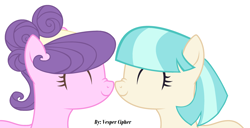 Size: 3185x1630 | Tagged: safe, artist:vesper-cipher-dark, coco pommel, suri polomare, earth pony, pony, boop, cocobetes, cocopolo, cute, eyes closed, female, headband, lesbian, mare, noseboop, shipping, signature, simple background, smiling, suribetes, white background