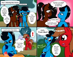 Size: 1280x1011 | Tagged: safe, artist:takaneko13, oc, oc only, oc:momma cider, oc:shooter armstrong, oc:tempo cider, earth pony, pony, comic:bronies go to school, comic, dialogue, exclamation point, female, male, mother and child, mother and son, parent and child, part 1:meeting new ponies, saddle bag, storyteller:jamescider, unshorn fetlocks, watch, wristwatch